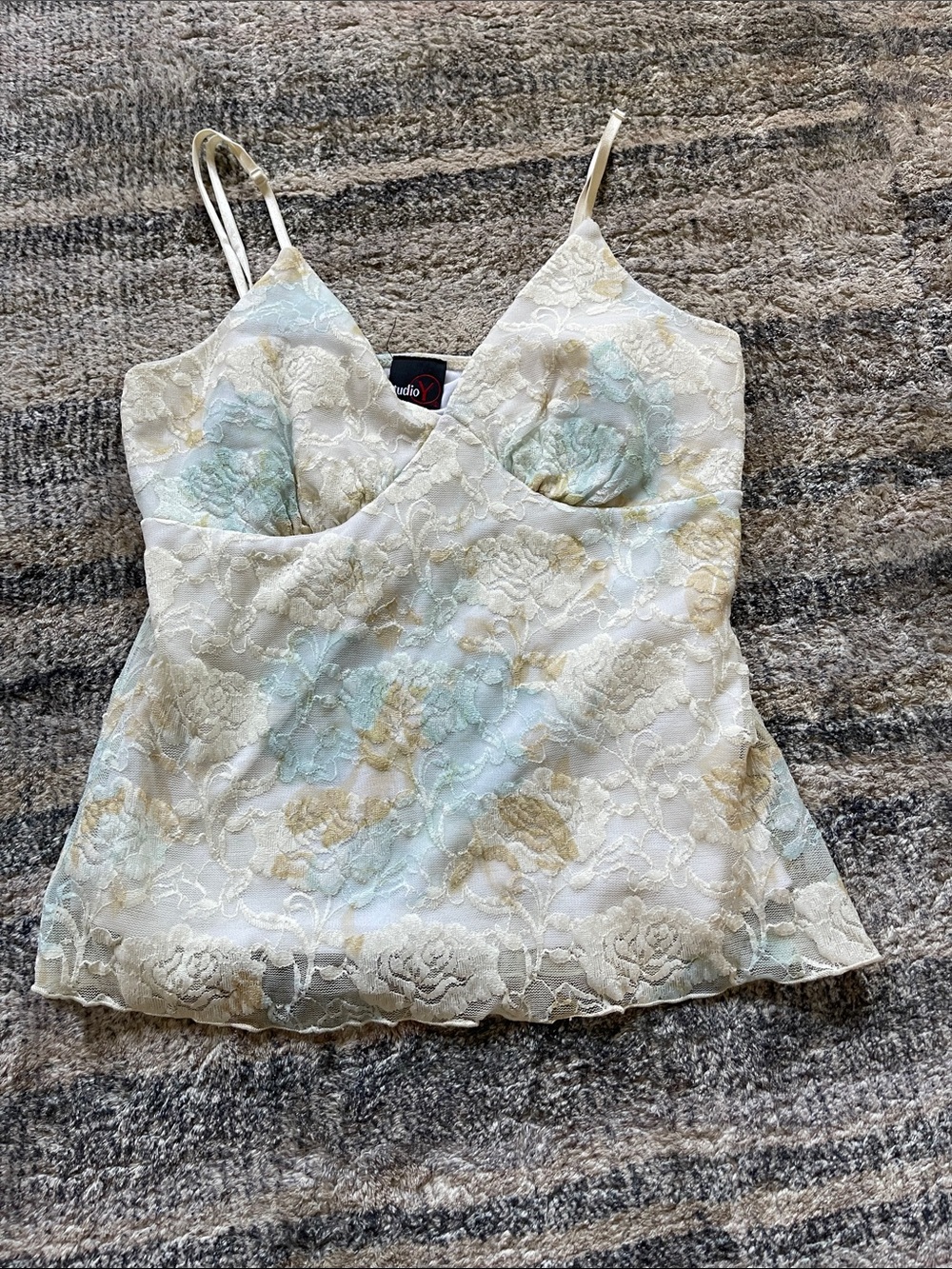 Vintage Floral Lace Cami Top - Cream & Light Blue by Unknown Brand
